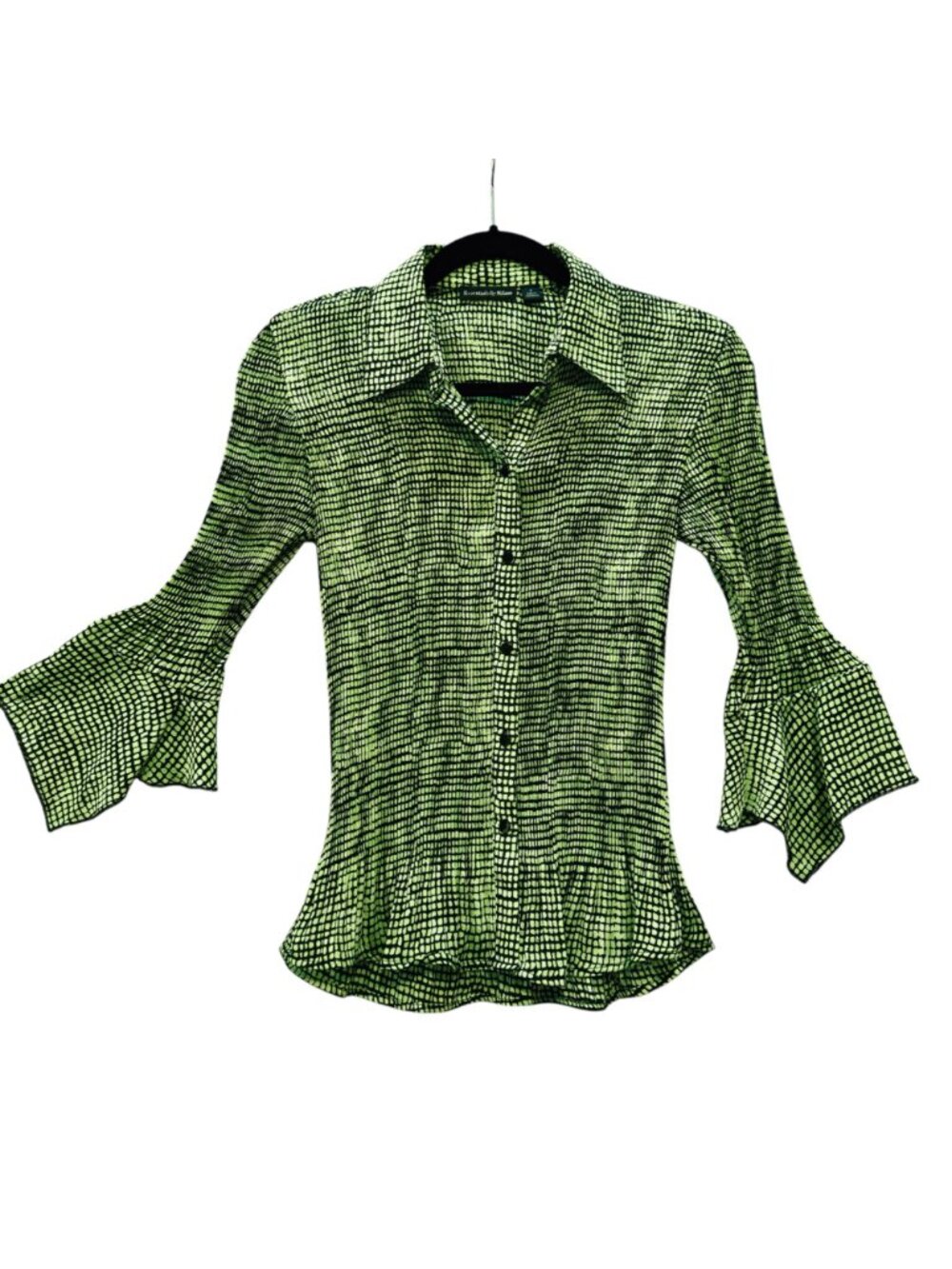 Essentials by Milano Lime Green Black Crinkle Blouse S Witchy Flare Sleeves - Picture 3 of 9